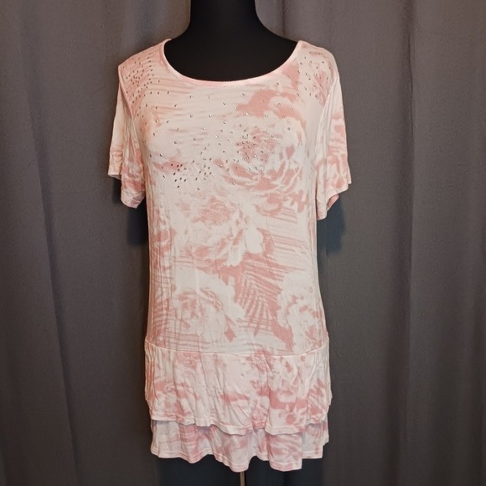 Onque Cottagecore Pink Floral Rhinestone Bling Tiered‎ Ruffle Hem Tunic Top  L